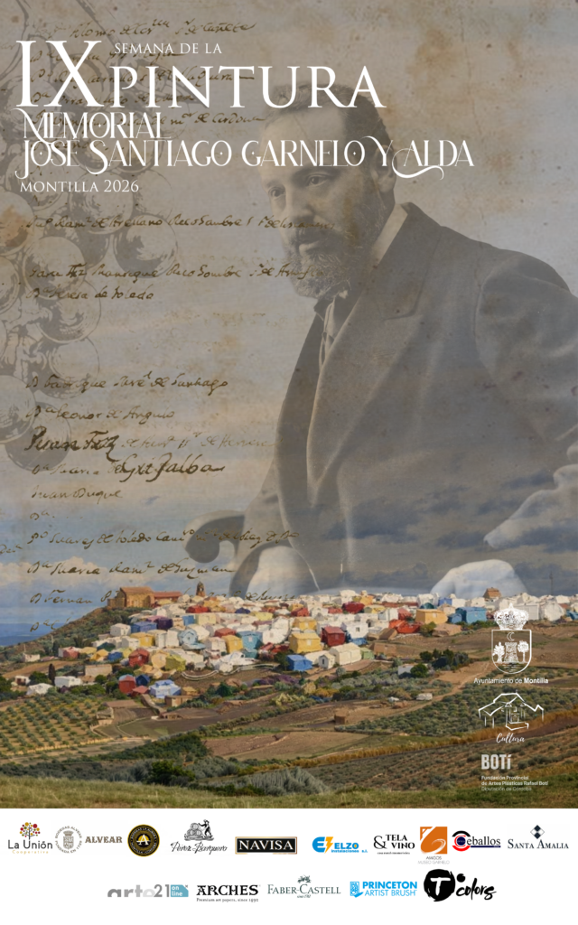 Cartel oficial de la IX Semana de la Pintura de Montilla 2026, Memorial José Santiago Garnelo y Alda, con el retrato del pintor sobre una vista de Montilla y los logotipos de las entidades organizadoras y patrocinadoras.