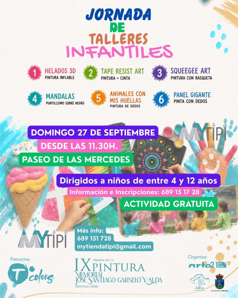Cartel de la jornada con los seis talleres: helados 3D, tape resist art, squeegee art, mandalas, animales con mis huellas y panel gigante. Domingo 27 de septiembre desde las 11:30 h en el Paseo de las Mercedes, para niñas y niños de 4 a 12 años.